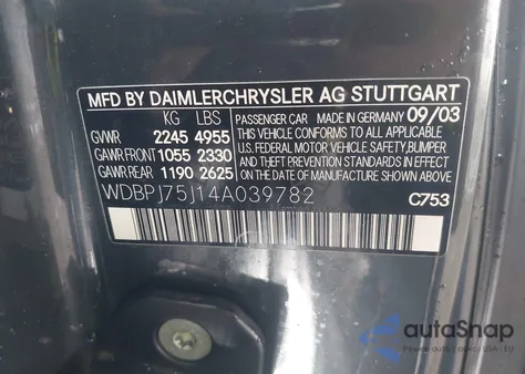 2004 Mercedes-Benz Cl 500 from USA, damaged, VIN WDBPJ75J14A039782